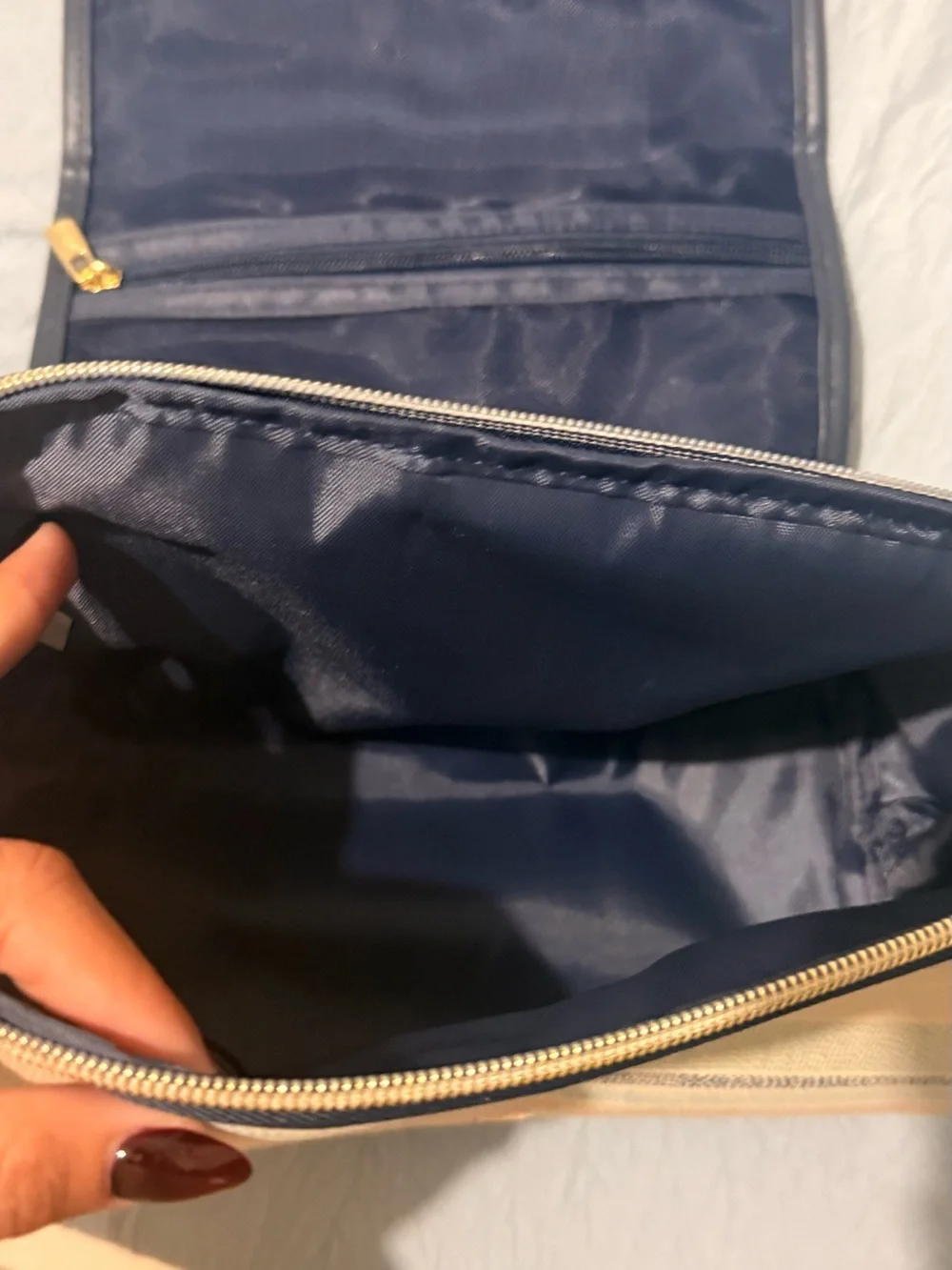 Makeup Travel Organizer Striped Pastel Clutch with Navy Trim